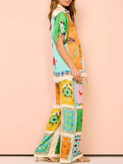 'Fauna' The Deck Print Button Down Shirt and Pants Set - Celes Fashion